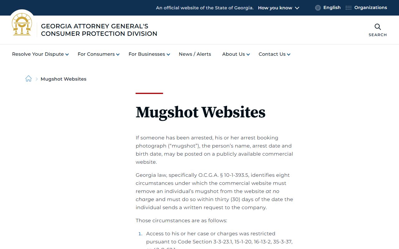 Georgia Consumer Protection Division mugshot website removal page