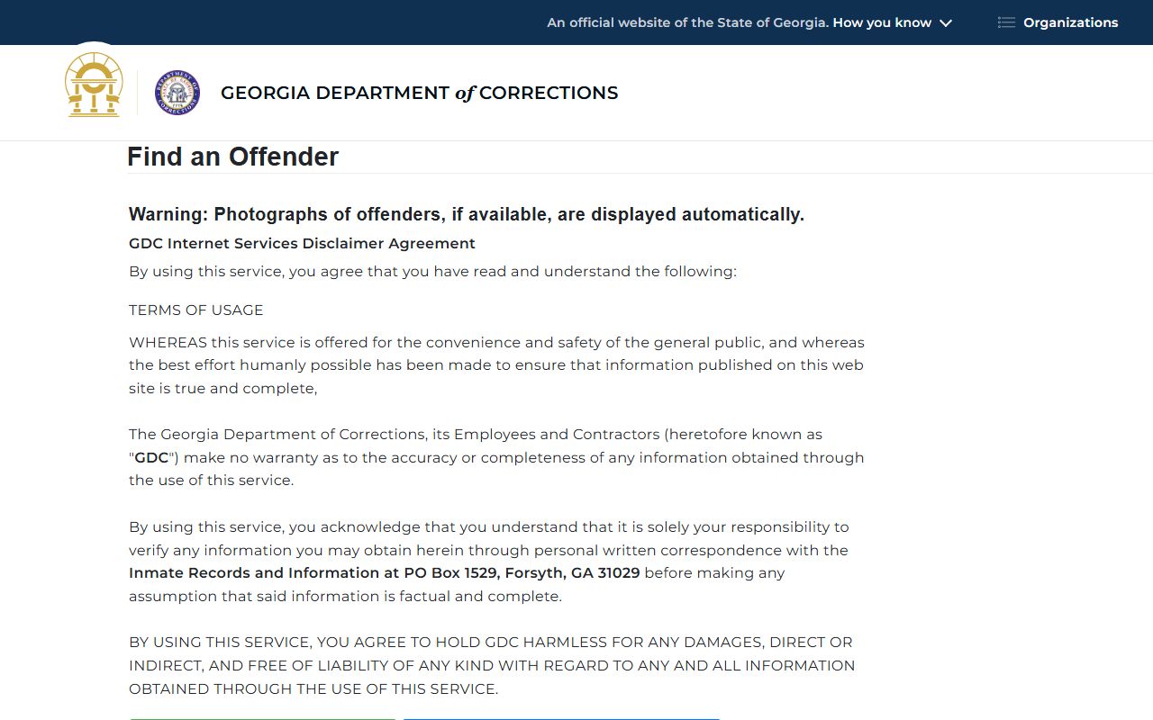 GDC offender query entry and disclaimer screen