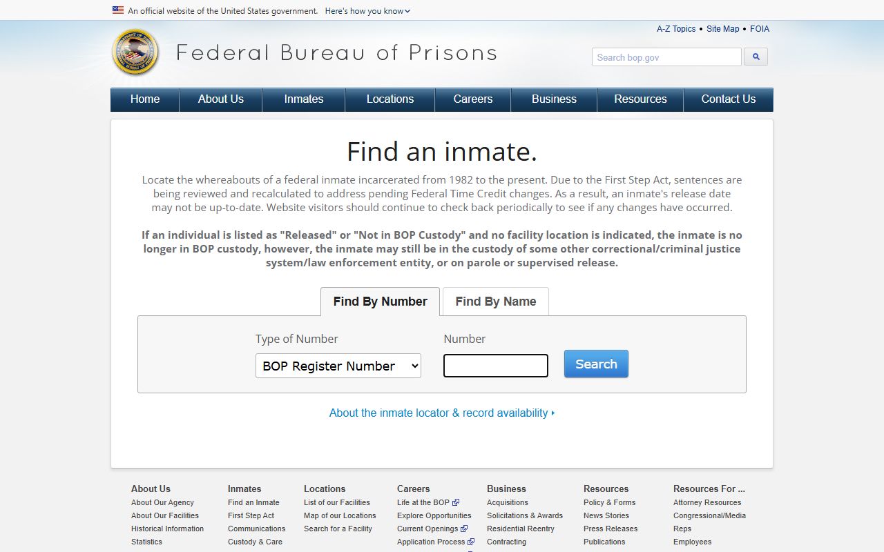 BOP federal inmate locator with name and number search tabs